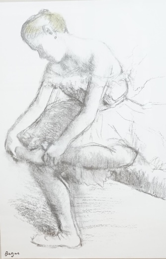 After Edgar Degas (1834-1917), colour lithograph, ’Danseuse assise ajustant son chausson’, 86 x 56cm, ornate gilt frame. Condition - good